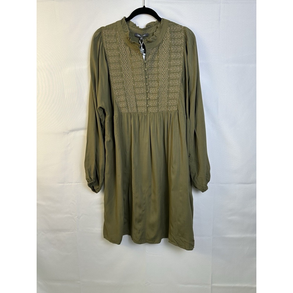 Laurel Grey EmbroideredDress Women's Sz XXL LongSleevesRuffleColarOlive GreenNWT
